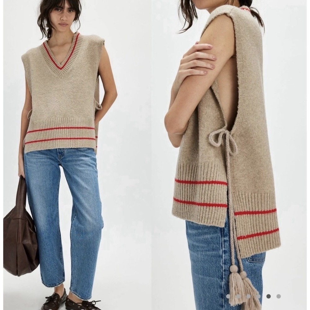 Free People All Star Stripe Poncho Sweater Tan/Red/Neutral OS One Size‎ Festival